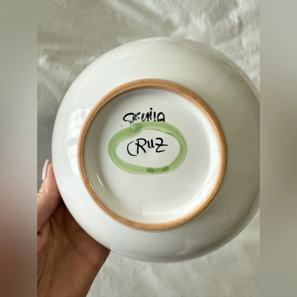 Art Pottery Bowl | Signed Sevilla Cruz | Blue Orange Floral Glazed | 7”